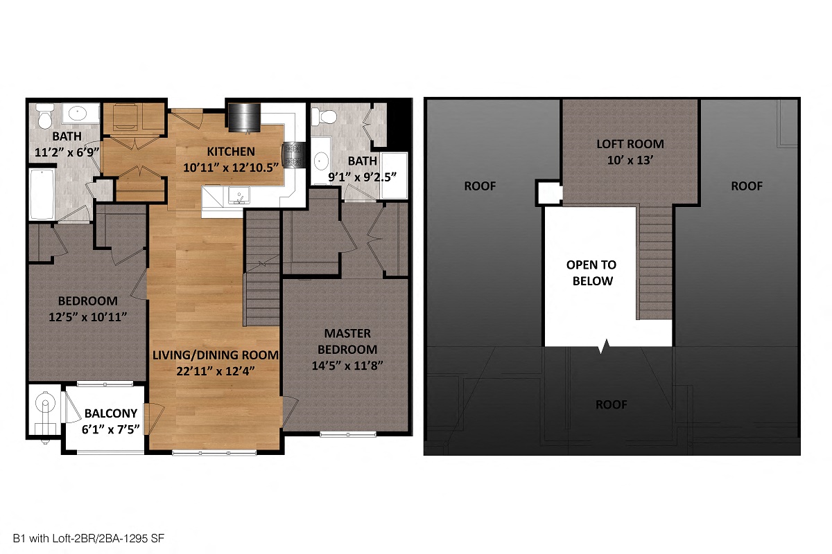 Floor plan for 2 beds, 2 baths, 1295 sqft